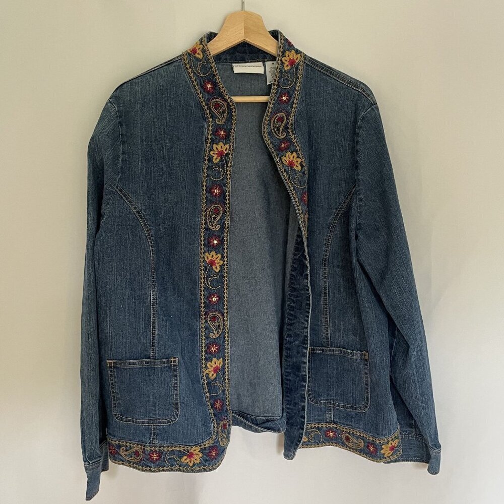 Alfred Dunner vtg sz 16 ramie cotton embroidered floral‎ pockets denim jacket